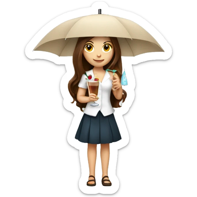 White cute girl with long brown hair holding a cocktail with a tiny umbrella sticker