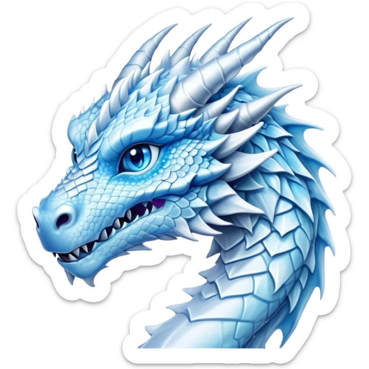 Cinematic Noble Beautiful Ice Dragon Portrait Emoji, Poised and majestic, with an ethereal, crystalline body adorned in intricately detailed scales of frosty blues and silvery whites reminiscent of glacial ice and delicate snowflakes, and piercing, cool eyes reflecting winter’s clarity; rendered with lifelike texture and subtle natural highlights, high shine, elegant and formidable, styled with an aura of chilling mythic beauty, focused and serene, soft glowing outline, capturing the essence of a legendary ice sovereign ready to glide gracefully out of the screen with timeless frosty allure! sticker