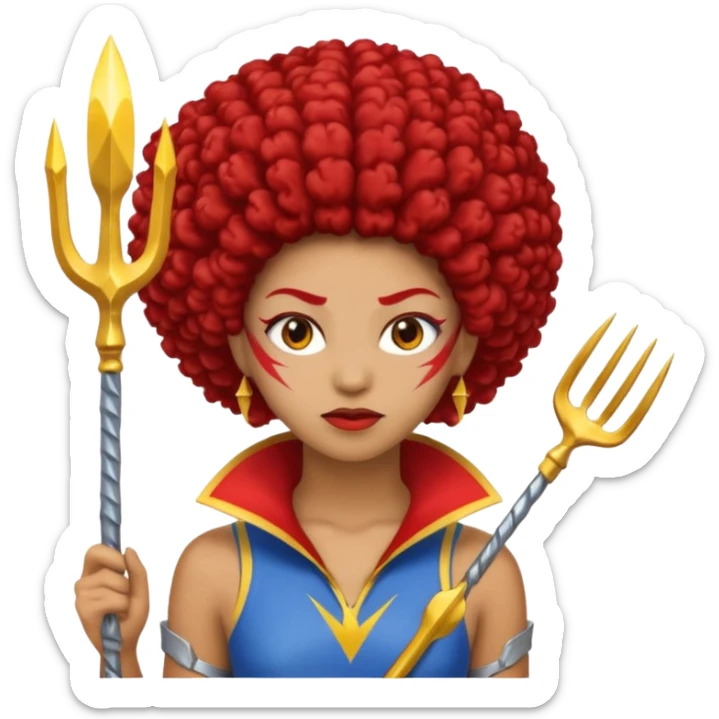 Emoji metisse femboy avec drapeau ukrainien arriere plan, un afro, sourcils rouge, fourche trident, et eclairs sticker