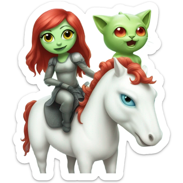 [politically incorrect
	{ woman: alien, color: light green, hair:red, eyes:cat} ]
	on a 
	[{ unicorn: white, legged:four, mane: light blue }] sticker