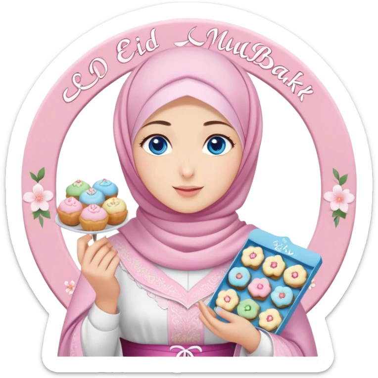 Turkish beautiful finish Konya girl blue eyes with pastel sakura hijab islamic dress and had on her hand text Eid Mubarak with sweets and celebrating with her friends eid days   sticker