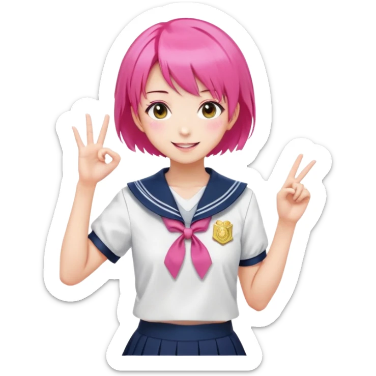 Anime girl with short bright pink hair wearing Japanese sailor style school uniform, composed posture with hand on hip but with excited smile and sparkling eyes, happy expression sticker