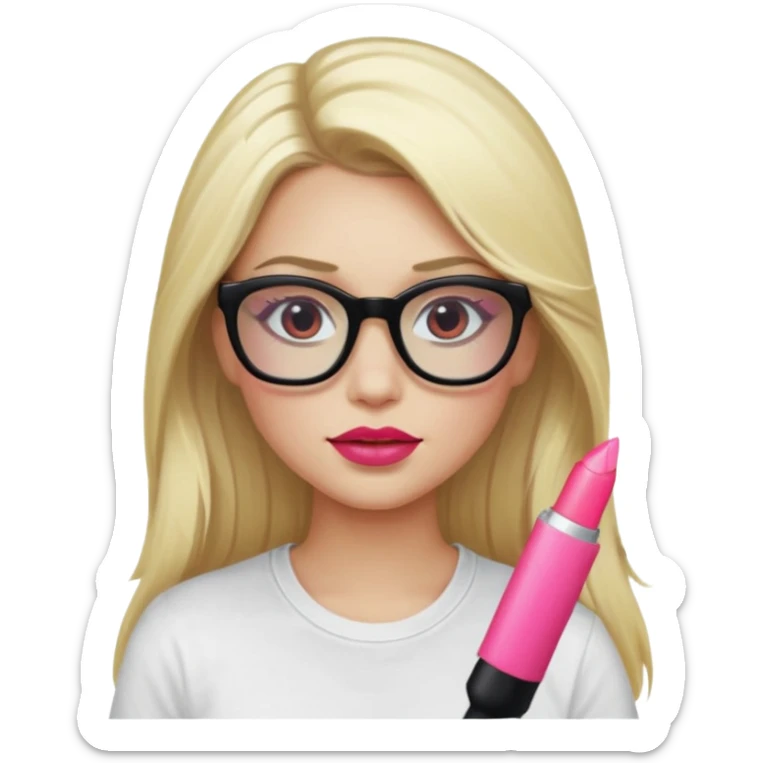 A blonde woman, long hair and long eye lashes, red blushes and little pink lipstick and highlighter, lipgloss, black glasses, white tshirt sticker