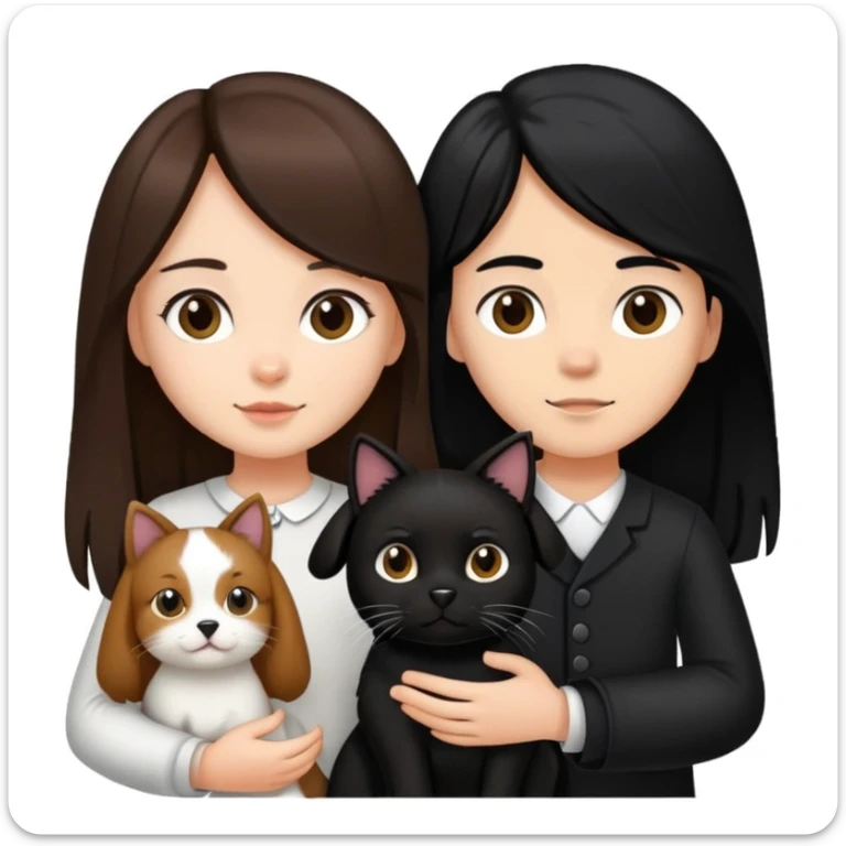 A girl with long brown hair holding the hand of a boy with black hair, both dressed in black, holding a cat and dog sticker