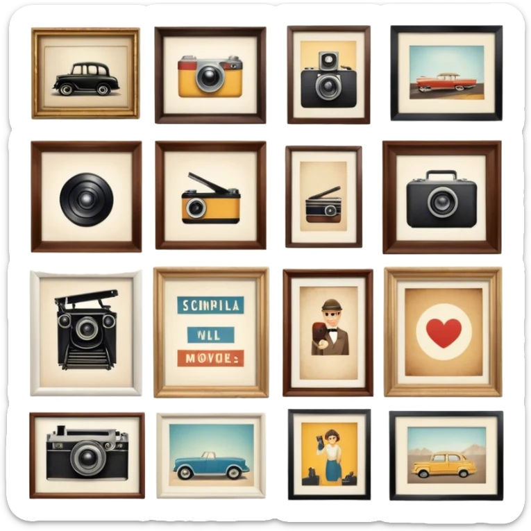 Icon for Photograph and Poster Collecting: a collection of vintage photographs and movie posters, neatly displayed on a wall or in frames. The icon should evoke the nostalgia and artistic value of collecting rare images and posters. Transparent background. sticker