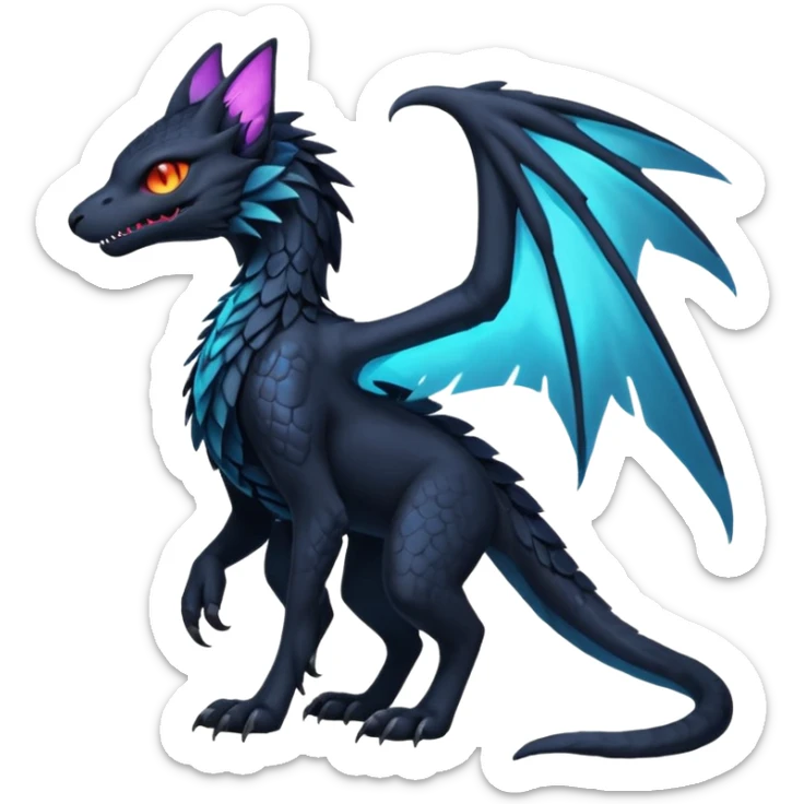 Black Dark Exotic Beaked Feathery Nocturnal Neon-glowing Abyssal Nightly Abyss-Cat-Gryphon-Salandit-Nargacuga-Silvally-Fakémon Creature (full body) sticker