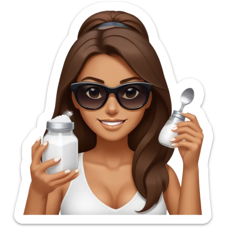 sassy woman with long brown hair and dark sunglasses holding a salt shaker filled with white table salt. She is shaking and sprinkling the salt. She is smirking.  sticker