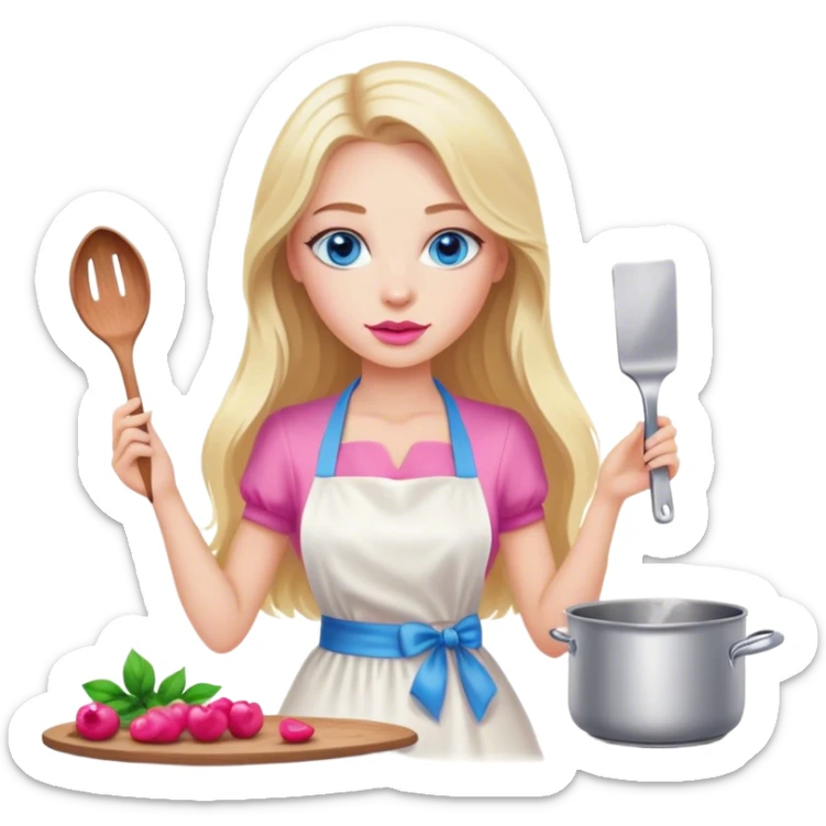 Cinematic realistic beautiful blonde with long hair, blue eyes and pink lips in a white dress cooks sticker