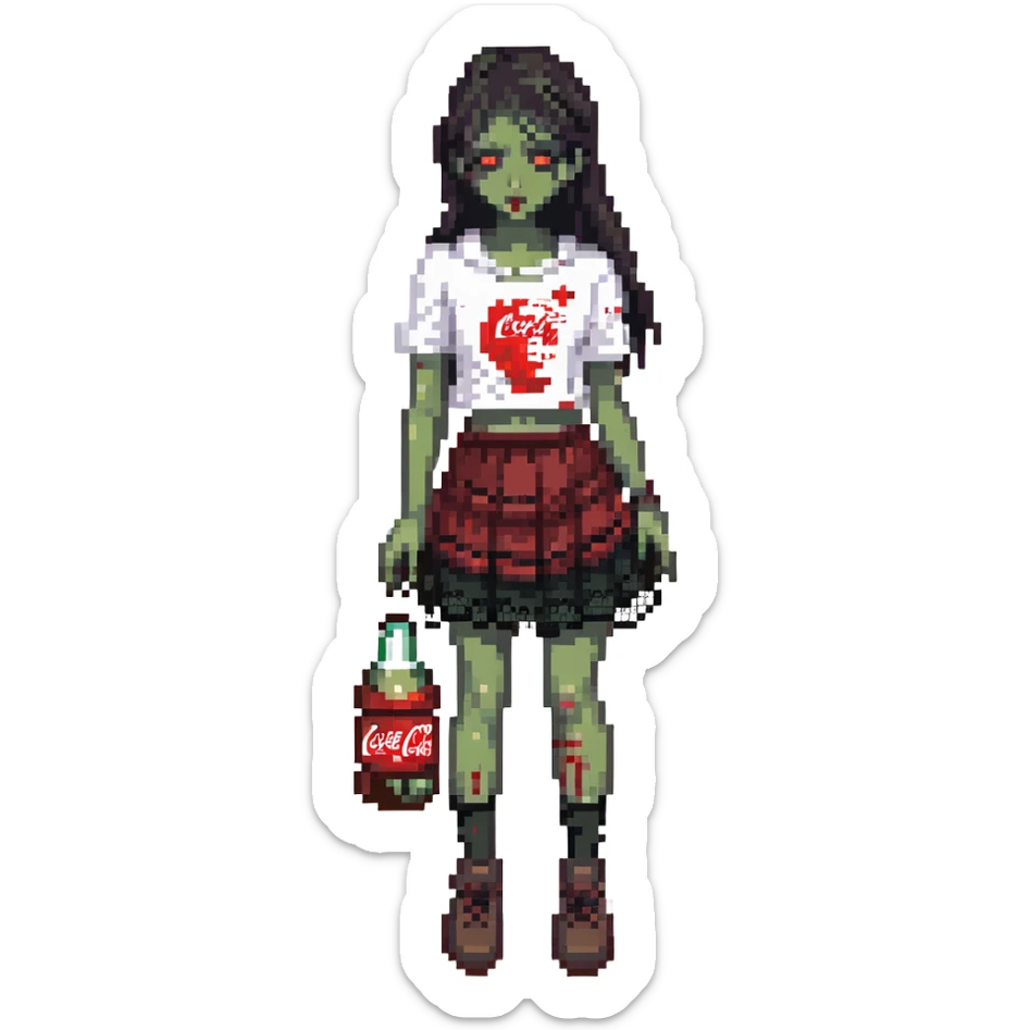 Generate an Asian girl, dark-haired, she's a zombie, wearing a skirt with lace, slightly torn,

Holding a bottle of Coca-Cola in her hands.

Background - a dark street in the style of Gotham City. sticker