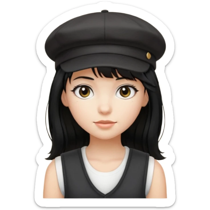 pinterst girl with heavy bang, black long hair and black newsboy cap on her hat, wearing white sleeveless  sticker