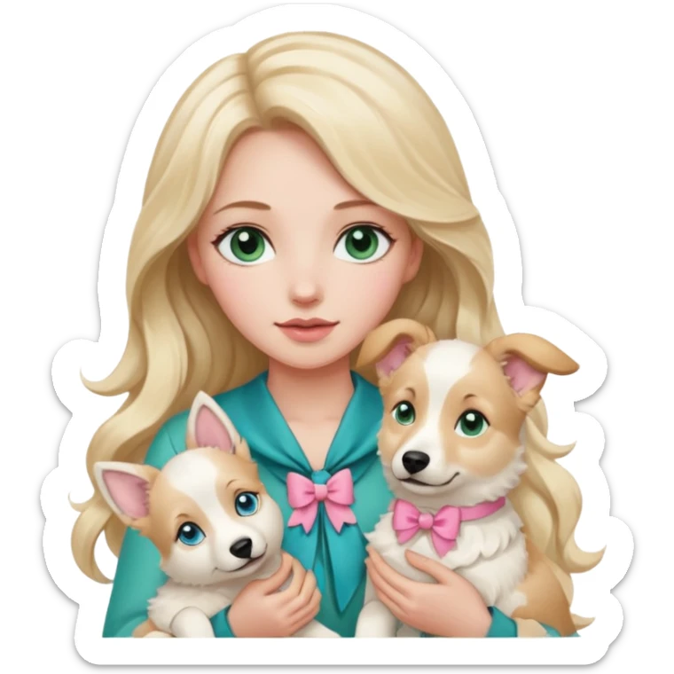 A white Long Wave blonde Hair Woman with blue-green eyes, with a Brown eyed White Shepard  in the arm ,the dog has a little bit beige in then end of the ears and a pink bow in neck . sticker