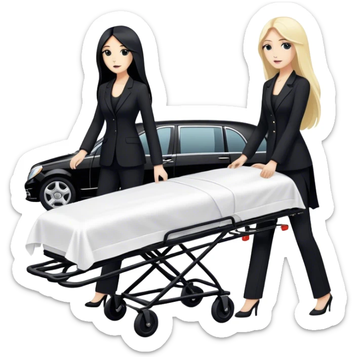 Two woman with long hair. One has black hair and one is blond. They have black pants suits on. And they are pushing a funeral stretcher in to a black Mercedes Vito funeral car. On the stretcher is a body covered in white sheets sticker
