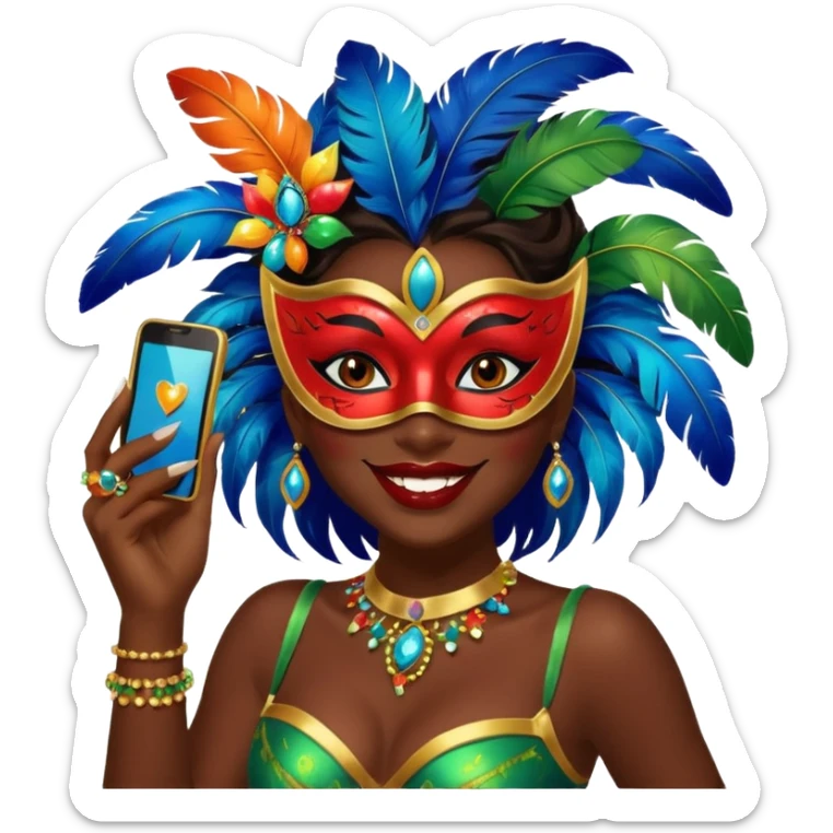 i need the same girl in "dark skin girl, dark red lipstick, nails very beautiful" to be smiling in "carnival mas costume, blue, green and orange preferably, full costume feathers at the back" she is to be smiling and happy with a phone in her hand taking a pico  sticker