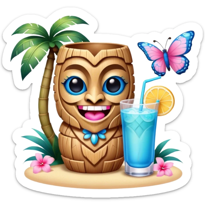 Pixar style little Blue and pink tiki singing with a butterfly and tropical drink, ultra detailed and lifelike imagery, realistic sticker