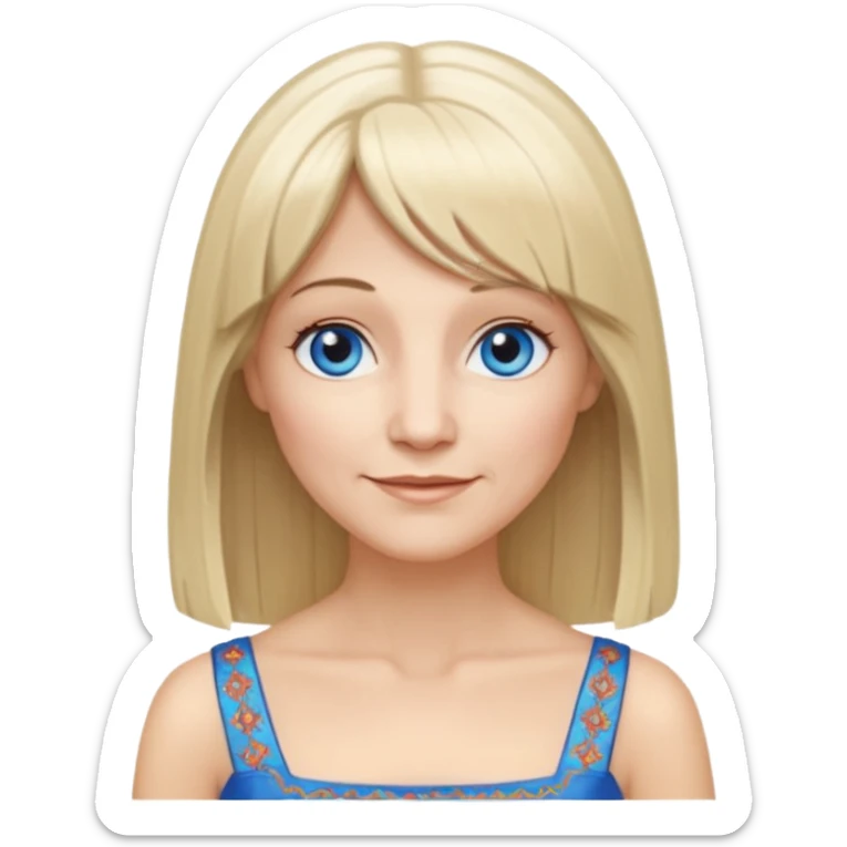 50 yr old white woman, hippie parted very long hair, short bangs, very long straight blond hair, oval face, small smile, blue eyes, thin face, hair downback, hair parted at center of head, round cheeks, pale, longer hair, white evening dress sticker