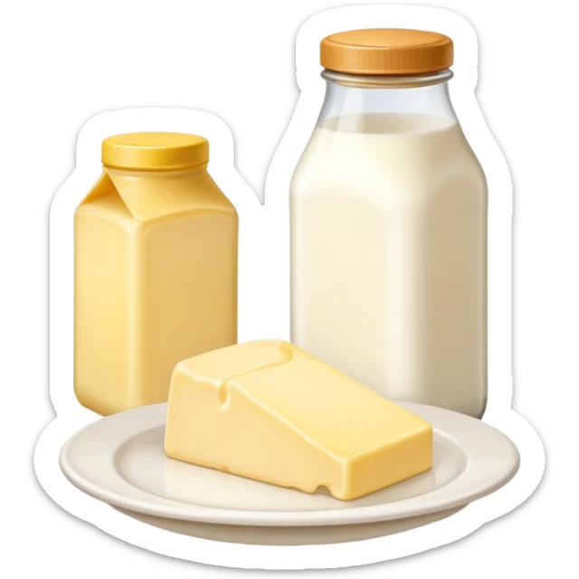 A bottle of milk with a brown cap on the right and a piece of butter on a plate on the left sticker