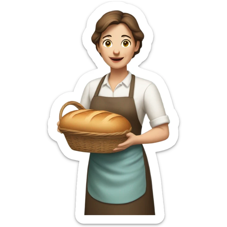"A middle-aged woman with tired eyes, brown hair tied back, and a warm but worried look. She wears a simple dress with an apron, holding a loaf of bread or basket in a modest kitchen."mother sticker