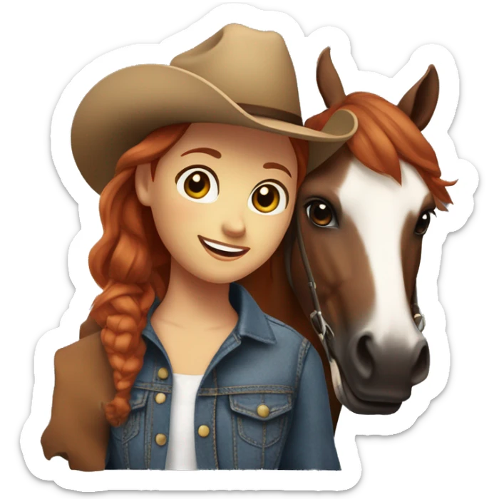 Girl with short red hair, with brown eyes, smiling, wearing a denim jacket and black shirt and brown cowgirl hat, next to her brown horse that has a white spot on her forehead. sticker