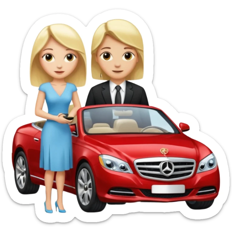 Mujer rubia bonita recibiendo un carro lujoso de un hombre adinerado  sticker