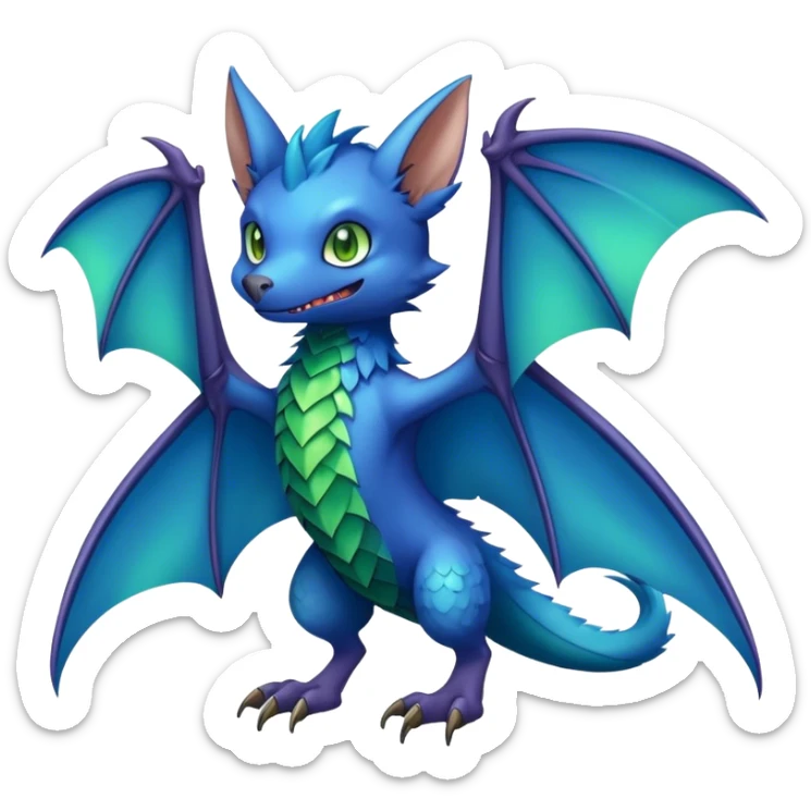 Cute cool fantasy animal hybrid bat-Sergal-Digimon-Fakemon full body, green scales, brown eyes, blue feathers sticker
