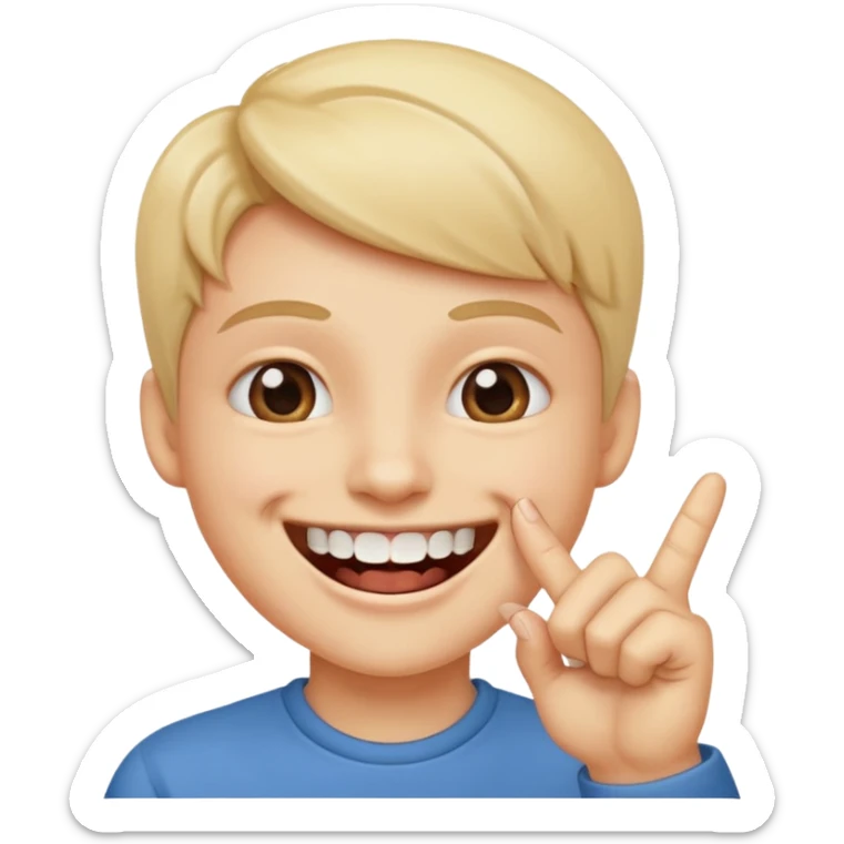 Con una sonrisa en la cara mientras muerde la punta del dedo indice en la boca son sus dientes sticker