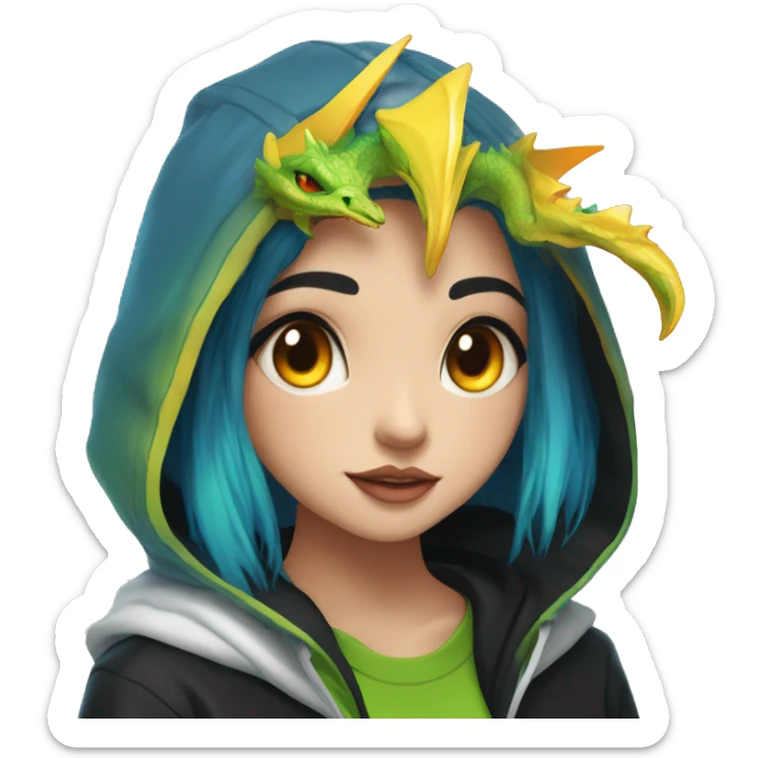 Lady with brunette and iridescent blue hair, gold, lime green dragon wings, black hoodie, bleach dyed, black and gold Nike t shirt, and bright red eyes sticker