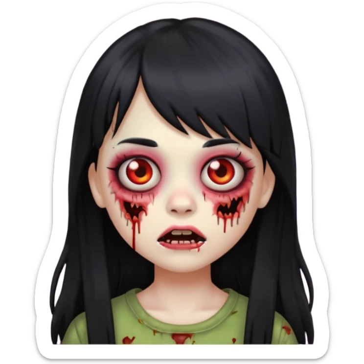 faça o emoji de uma menina zumbi de cabelos longos pretos com franja sticker