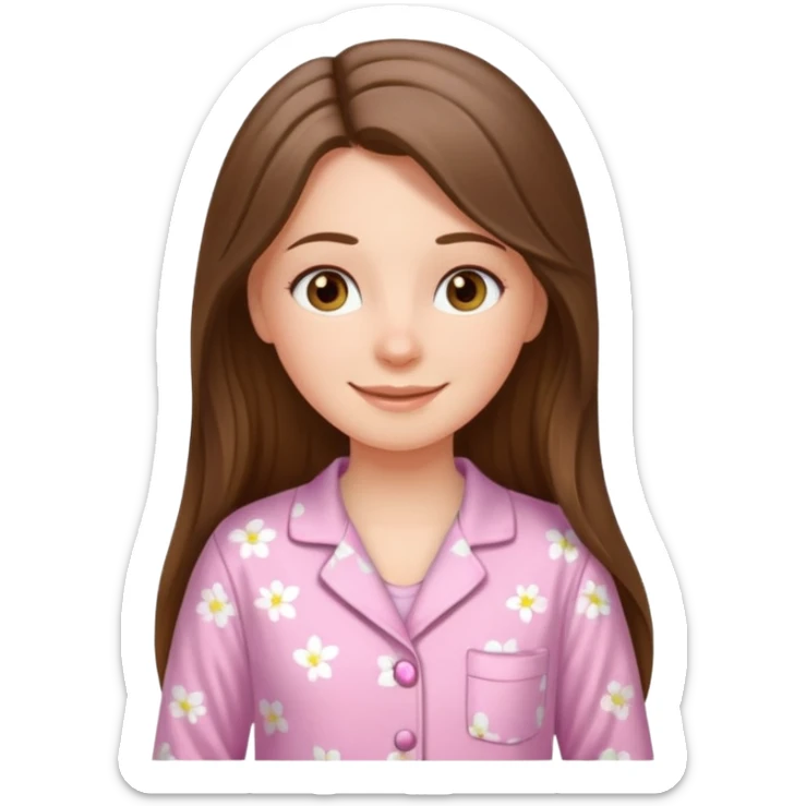 happy white long brunette hair girl with hazel eyes and in light pink pajamas sticker