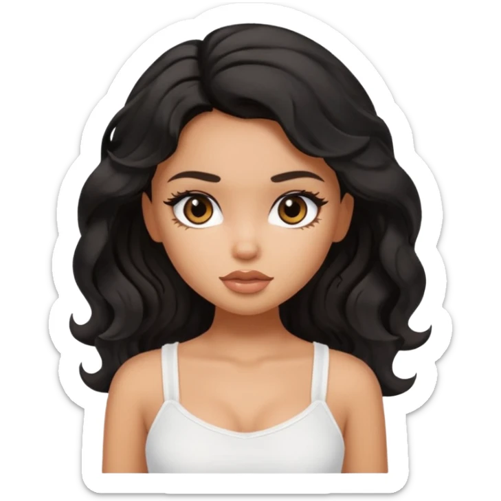 a pretty bratz tan girl with wavy black hair wearing a white cami top. Skintone is tan sticker