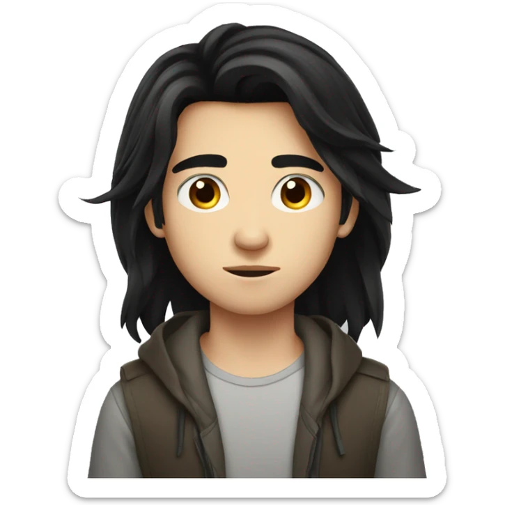 european teenager boy long black hair serious face sticker
