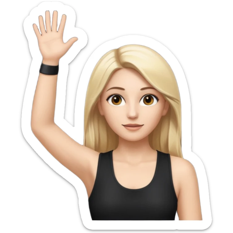 I want a white female dj animated gif emoji with long straight centre parting blonde hair, brown eye brows and putting hands up in the air. Wearing a black tight top with no sleeve sticker