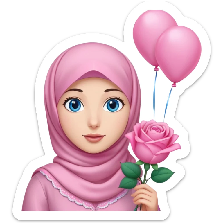 Turkish beautiful finish Konya girl blue eyes with pink hijab islamic dress and had on her hand Rose baloons  sticker