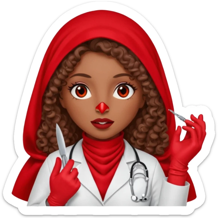 Lilith scalpel in hand, evil surgeon sexy surgeon clothes.  She has red eyes. She brown long curly hair. Wears sexy doctor outfit with red gloves. Covers mouth necknose with red burka to hide her identity sticker