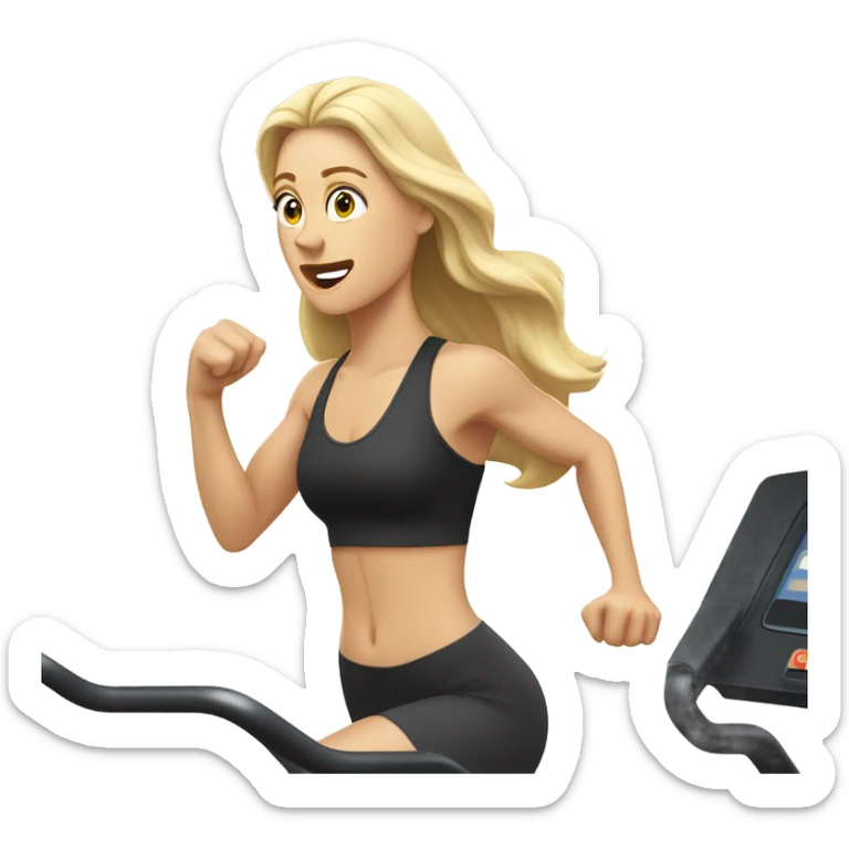 White woman, long hair, blonde hair, wavy hair, treadmill, sweating sticker