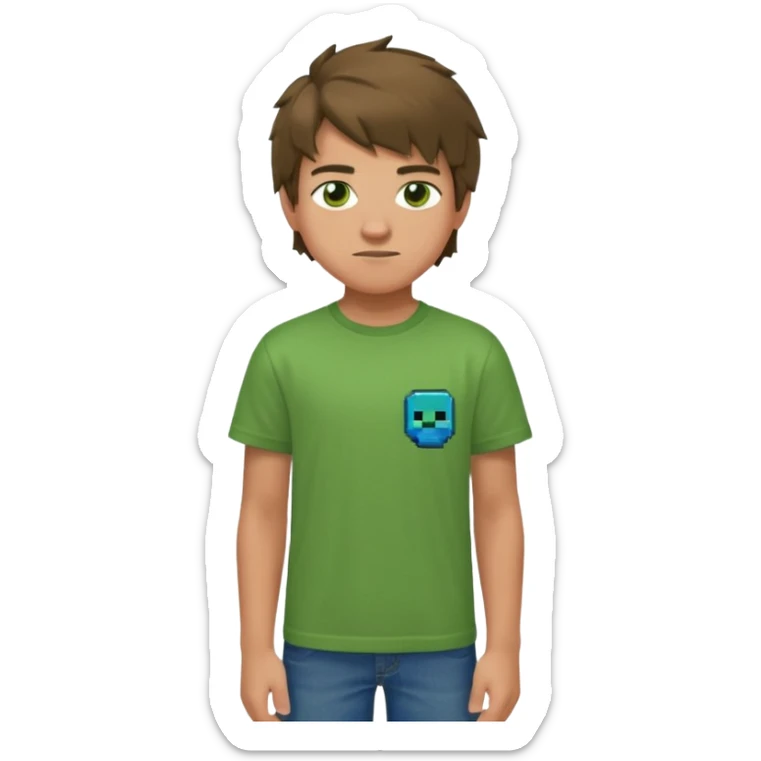 A 14 yerar old teenage boy, slightly tanned, wearing a green minecrcaft tshirt, blue jeans and green sneakers with brown tousled hair, smirking sticker