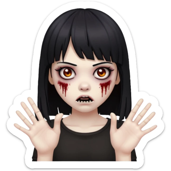 uma menina zumbi com cabelo preto e liso e uma franja. ela tem um estilo meio emo e com as mãos para frente com uma cara assustadora  sticker