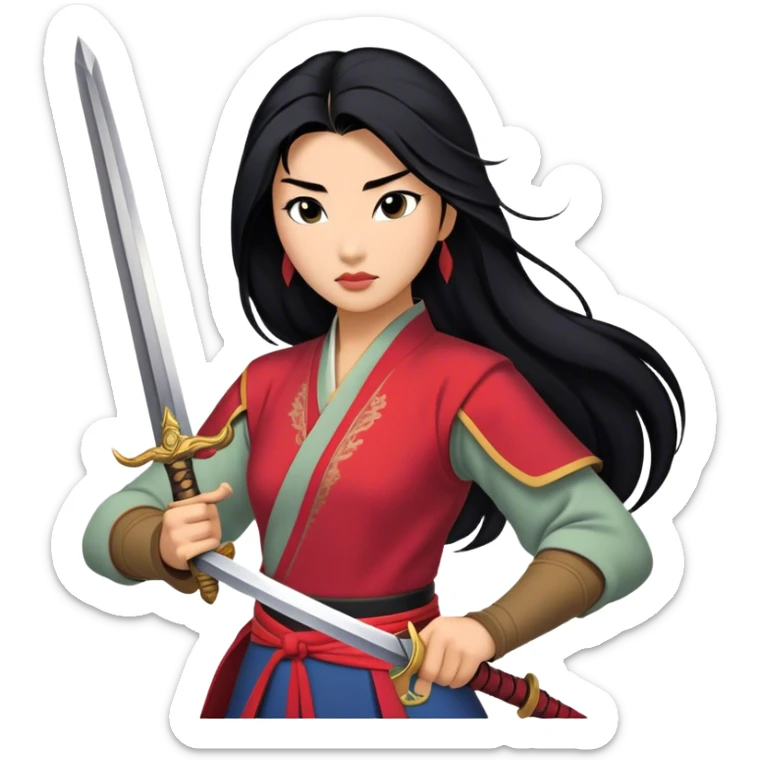 Cinematic Realistic Mulan Portrait, depicted with lifelike skin texture, soft natural lighting, and intricately detailed long black hair styled elegantly. Her deep, expressive eyes exude determination and grace, complemented by a serene yet confident expression. She stands with one hand resting on the hilt of her sword, the other by her side, exuding strength and poise. She is dressed in her classic attire, with rich fabric textures and delicate folds that catch the light beautifully. The portrait features a soft, enchanting glow with a natural, radiant finish, capturing the essence of timeless strength and beauty in a realistic and painterly style, evoking a sense of depth and authenticity. sticker
