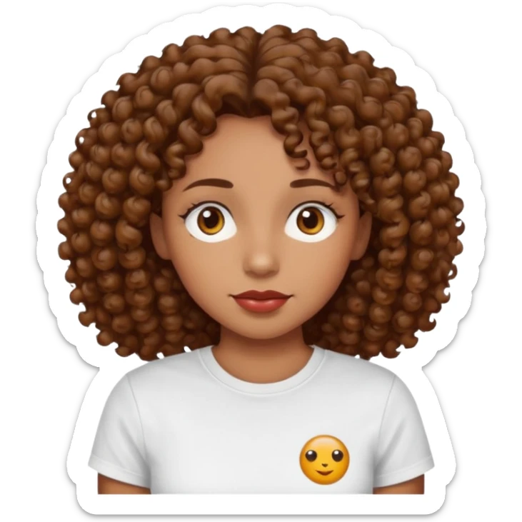 
professional, curly brown lady with hazel eyes, a little dot on the top of the left lip, a normal t shirst sticker