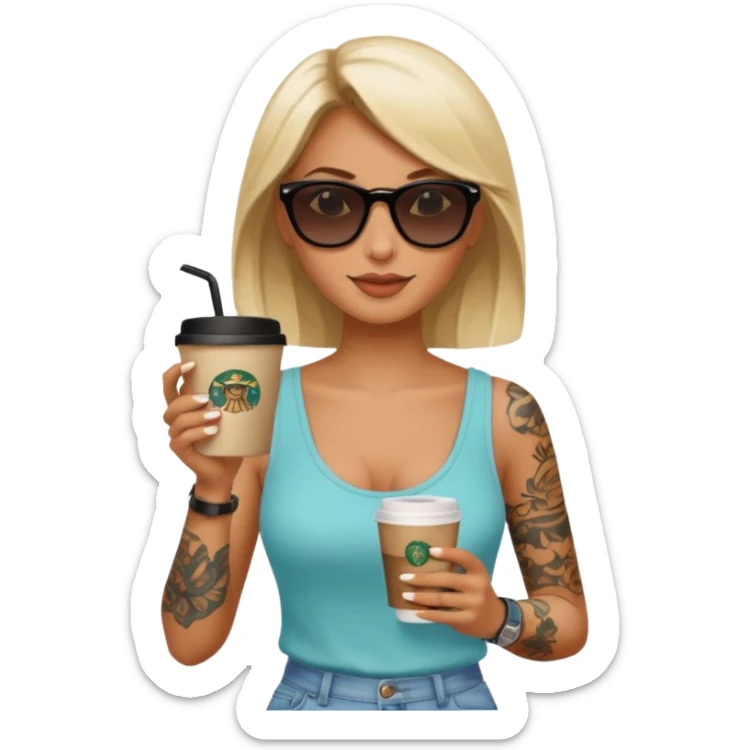 gözlük takan, dövmeli ve elinde kahve tutan, yaz kıyafetli bir kadın sticker