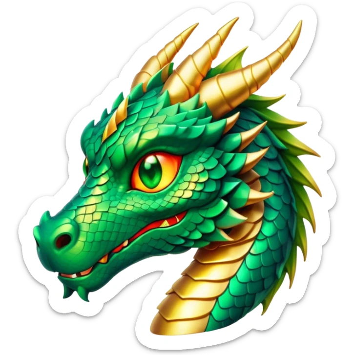 Cinematic Noble Dragon Portrait Emoji, Poised and majestic, with a sinuous, elongated body covered in intricately detailed, shimmering scales in hues of emerald and gold, and piercing, fiery eyes that reflect ancient wisdom; rendered with lifelike texture and natural highlights, high shine, intelligent and formidable, styled with an aura of mythic power, focused and attentive, soft glowing outline, capturing the essence of a legendary dragon that appears ready to soar out of the screen with timeless authority! sticker