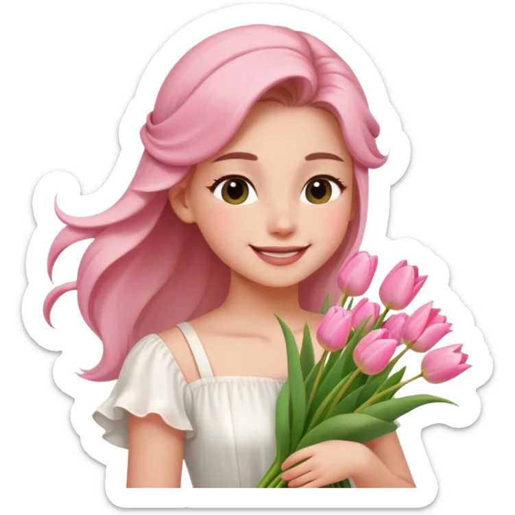  A girl Squint your eyes and smile with a half-up half-down hairstyle, and a white dress, enjoying the spring breeze.Holding a bundle of pink tulips sticker