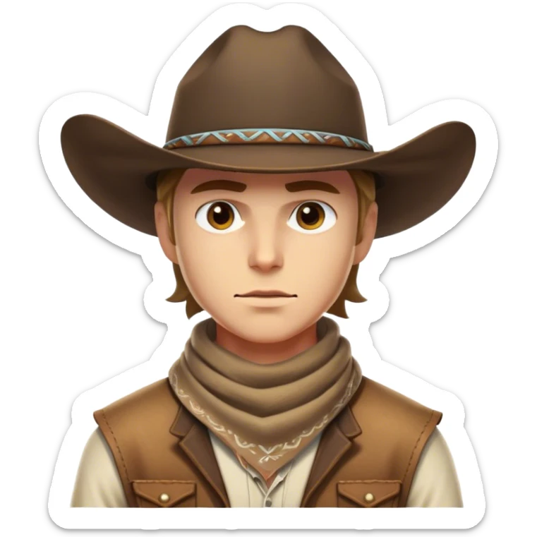 Clash of Clans aesthetic friendly Cowboy Portrait Emoji, With a rugged yet stylized build wearing a classic wide-brimmed hat and bandana, his face rendered in a natural skin tone (not yellow), determined eyes and a steely gaze, Simplified yet dynamic features, highly detailed, glowing with a warm, sunlit frontier radiance, high shine, brave and spirited, stylized with an air of Wild West heroism, focused and ready, soft glowing outline, capturing the essence of a fearless cowboy adventurer ready to ride into epic quests! sticker