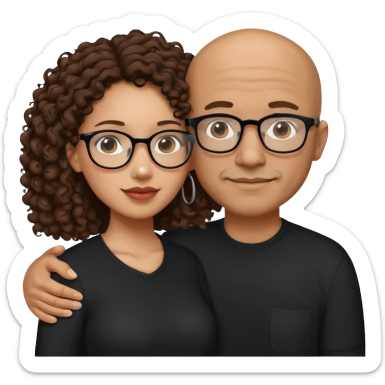 A mixed girl with glasses, the girl is wearing a black shirt, the girl has brown curly hair  and the girl has big boobs. A Mexican man is embracing her, with black bald hair sticker