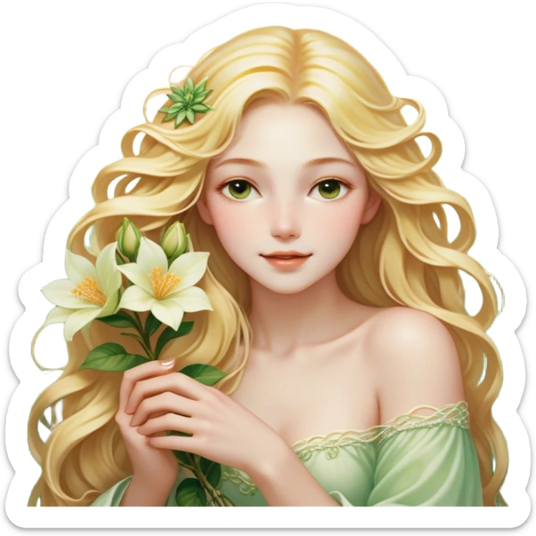 Cinematic Realistic Rapunzel Portrait, with porcelain-like skin featuring a subtle, natural glow, illuminated by soft lighting that brings out the gentle contours of her face. Her long, golden blonde hair cascades in detailed waves, each strand highlighted with a radiant shimmer as it catches the light. She playfully holds a flower in one hand, her other hand resting casually in her lap, with a warm and spirited expression. Her bright, expressive green eyes exude curiosity and warmth, framed by delicate lashes and soft, arched brows. She is dressed in her classic lavender and pink gown, the fabric textured with delicate folds that flow naturally, catching the light with a soft, radiant glow. The portrait captures a luminous, enchanting aura, seamlessly blending realism with a whimsical, fairytale charm, evoking a timeless sense of beauty and magic. sticker