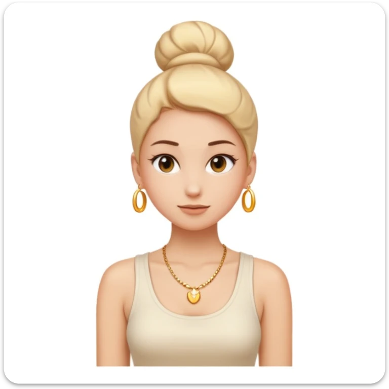 clean girl aesthetic emoji, minimalist outfit white tank top, gold necklace, slick bun, glowing skin, soft beige background sticker
