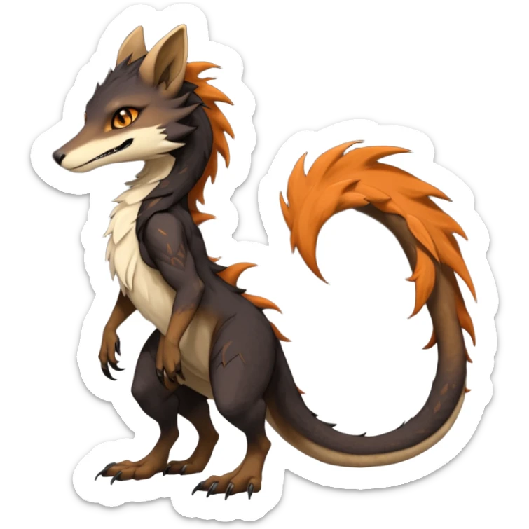 Brown and beige badass elegant wild beautiful natural cute badass epic exotic anthro modern furry 2-legged sergal-vernid-creature, full body, dark-brown-black-gradient pretty hair, with a long tufted tail, beautiful hazel-orange eyes, aesthetic, art by LiLaiRa, art by art by Falvie sticker