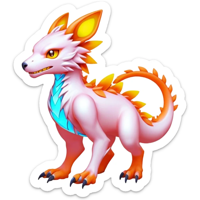 Modern lush warm-colored neon-colored Digimon-Fionbri-creature (full body) sticker