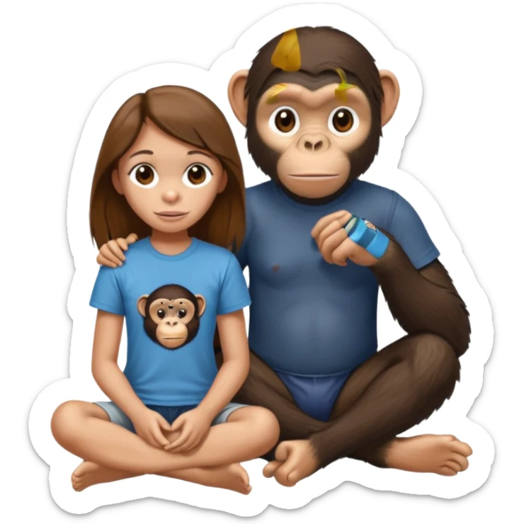 un chiomapnze sentado en el suelao al lado de una chica sticker