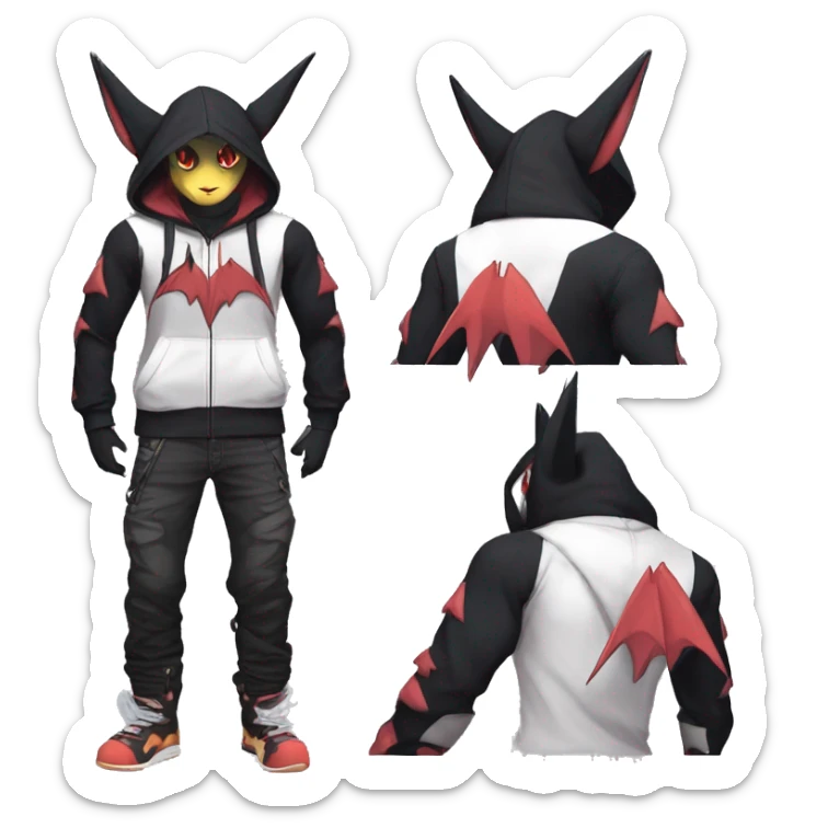Dark Black Unique Anthro Cool Kawaii Horned Bat-Winged Noivern-Zangoose-Litten-Feline-Pokémon with edgy stripes Punk Hoodie sticker