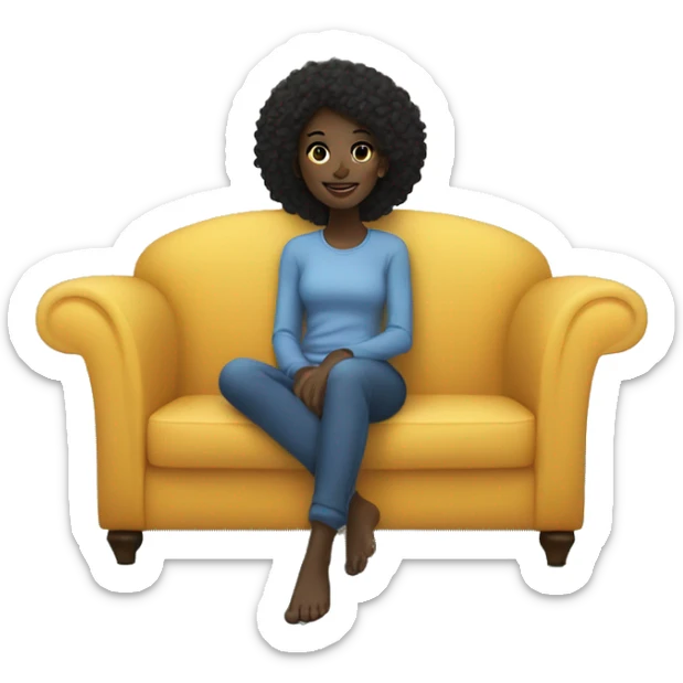 black girl, straight hair, lounging on a comfy blue couch, with her feet up, looking relaxed and happy sticker